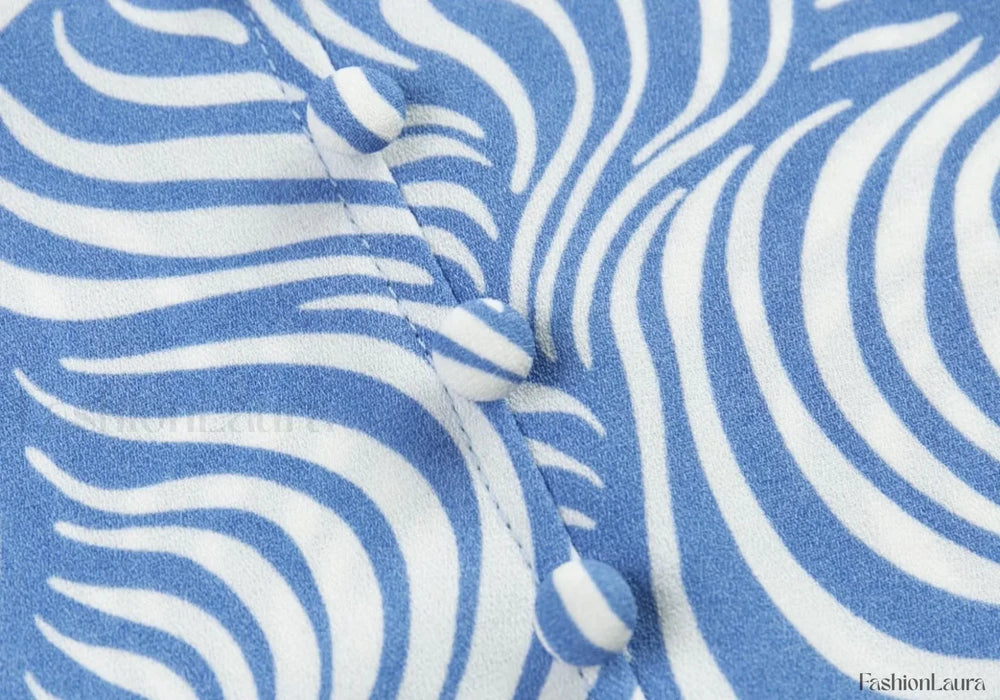 Retro Blue Zebra Striped Slim Cropped Tops Blouse