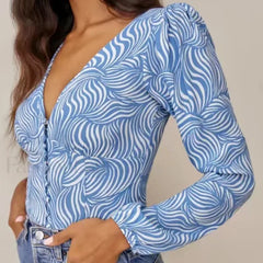 Retro Blue Zebra Striped Slim Cropped Tops Blouse