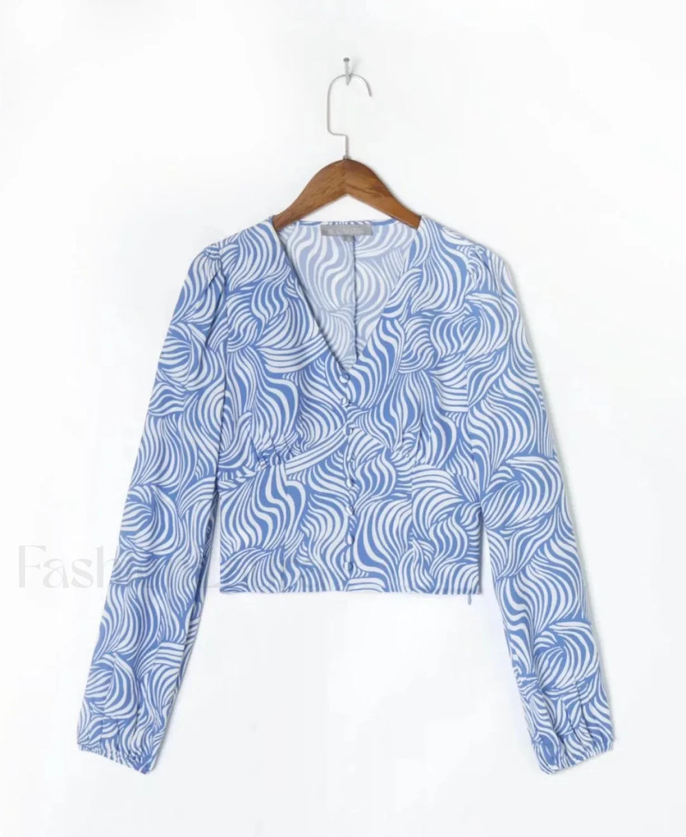 Retro Blue Zebra Striped Slim Cropped Tops Blouse