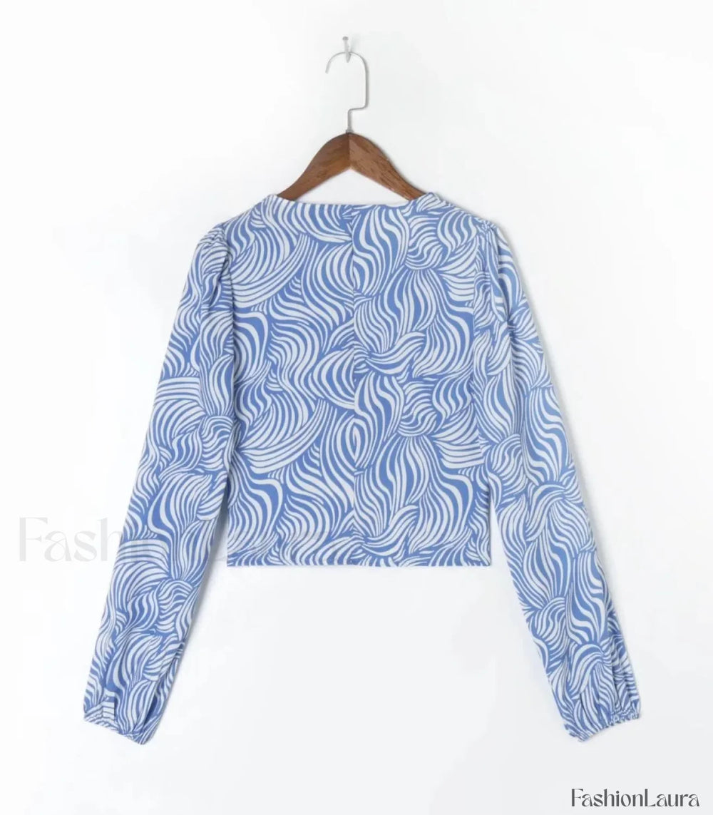 Retro Blue Zebra Striped Slim Cropped Tops Blouse