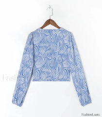 Retro Blue Zebra Striped Slim Cropped Tops Blouse
