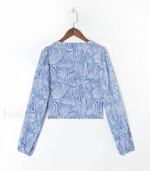 Retro Blue Zebra Striped Slim Cropped Tops Blouse