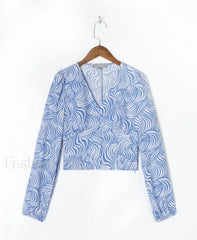 Retro Blue Zebra Striped Slim Cropped Tops Blouse