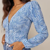 Retro Blue Zebra Striped Slim Cropped Tops Blouse