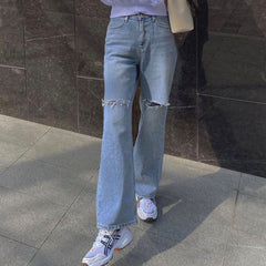 Cut Out High Waist Frayed Straight Leg Jeans Light Blue S / Light Blue Jeans