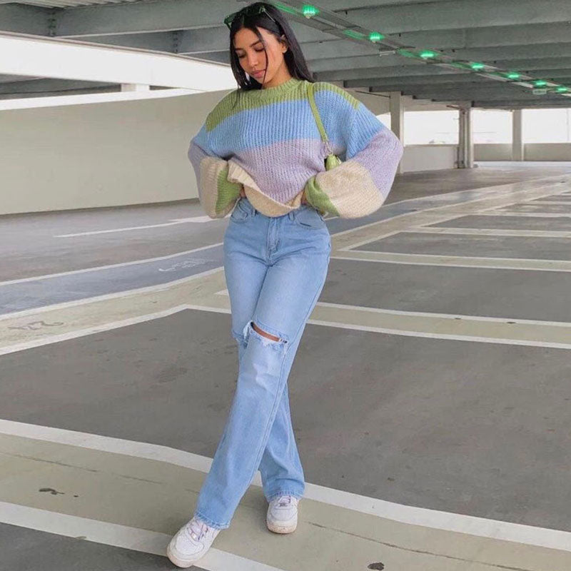 Cut Out High Waist Frayed Straight Leg Jeans Light Blue M / Light Blue Jeans