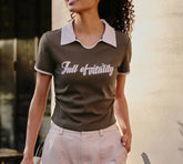 Retro Letter Tight Pullover Polo T Shirt Coffee color / S