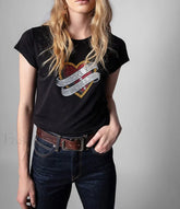 Rhinestone Love Heart Cotton T Shirt Black / XS