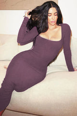 Ribbed Long Sleeve Charming Square Neck Dress