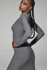 Ribbed Long Sleeve Charming Square Neck Dress