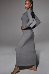 Ribbed Long Sleeve Charming Square Neck Dress S / Gray
