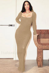 Ribbed Long Sleeve Charming Square Neck Dress S / Khaki