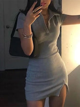 Ribbed Short Sleeve Slit Mini Dress Gray / S Mini Dresses