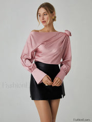 Romantic Satin Rosette Trendy Long Sleeve Blouse Blouses
