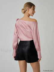 Romantic Satin Rosette Trendy Long Sleeve Blouse Blouses