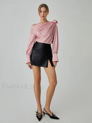 Romantic Satin Rosette Trendy Long Sleeve Blouse Blouses