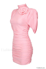 Rose appliqu茅 Ruched Stylish Jersey Minidress