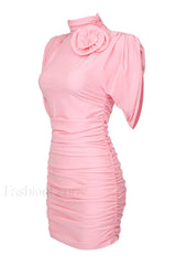 Rose appliqu茅 Ruched Stylish Jersey Minidress