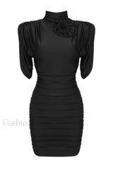 Rose appliqu茅 Ruched Stylish Jersey Minidress XS / Black