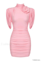 Rose appliqu茅 Ruched Stylish Jersey Minidress XS / Pink