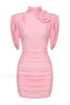 Rose appliqu茅 Ruched Stylish Jersey Minidress XS / Pink