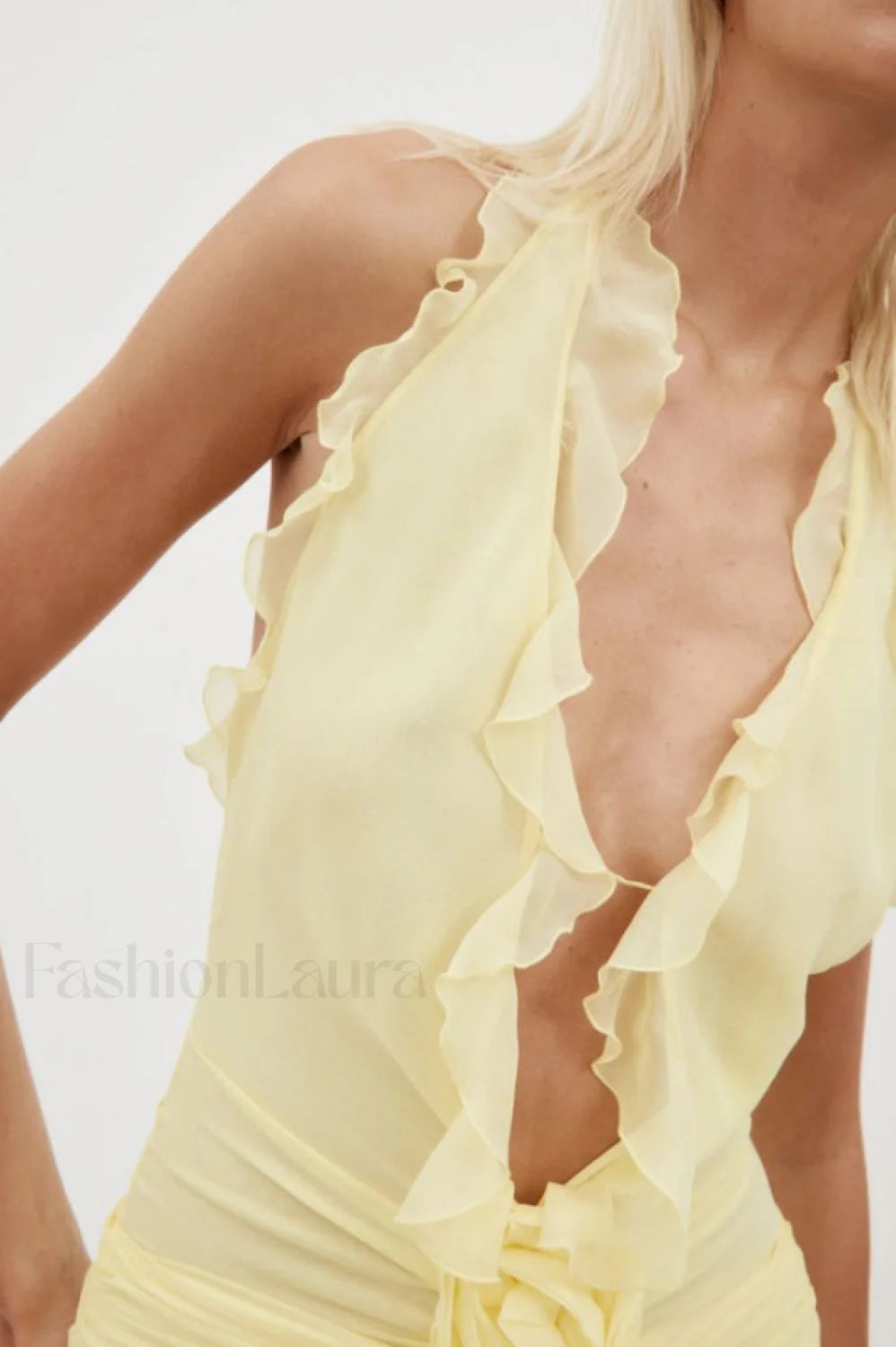 Rose Detailed Stylish Halterneck Mini Dress