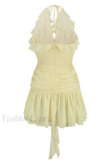 Rose Detailed Stylish Halterneck Mini Dress