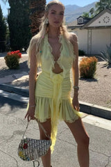 Rose Detailed Stylish Halterneck Mini Dress