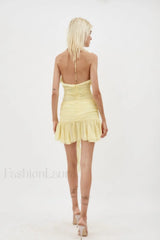 Rose Detailed Stylish Halterneck Mini Dress