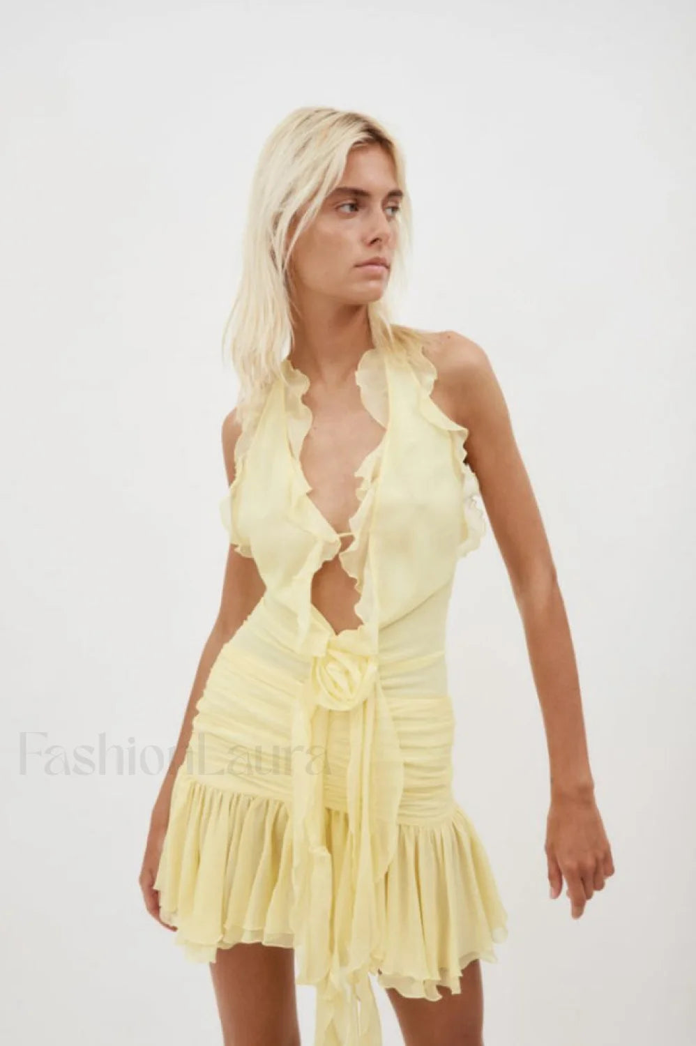 Rose Detailed Stylish Halterneck Mini Dress