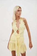 Rose Detailed Stylish Halterneck Mini Dress