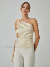 Rosette One Shoulder Trendy Off Tank Top Champagne / XS Tank Tops & Camis