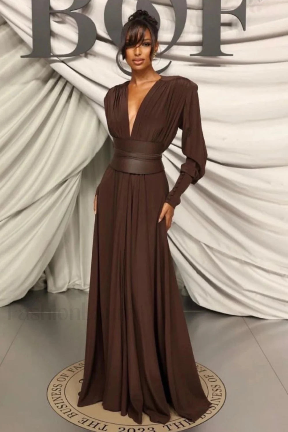 Rosey Tan Maxi Charming Dress With Waist Belt