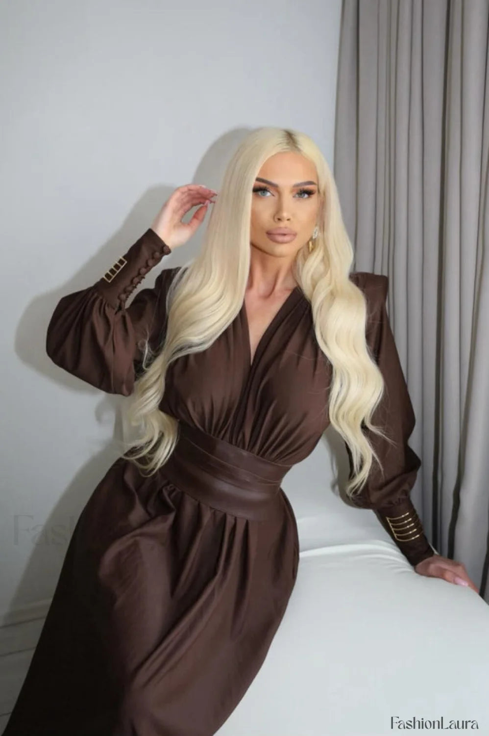 Rosey Tan Maxi Charming Dress With Waist Belt