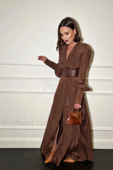 Rosey Tan Maxi Charming Dress With Waist Belt