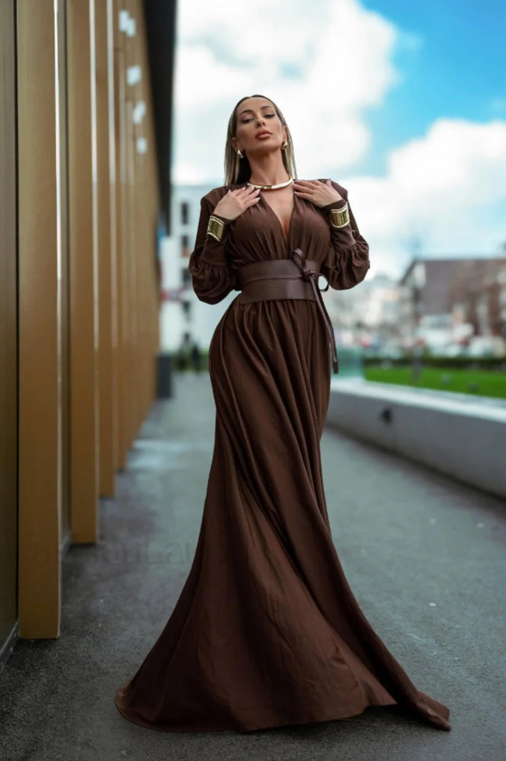 Rosey Tan Maxi Charming Dress With Waist Belt