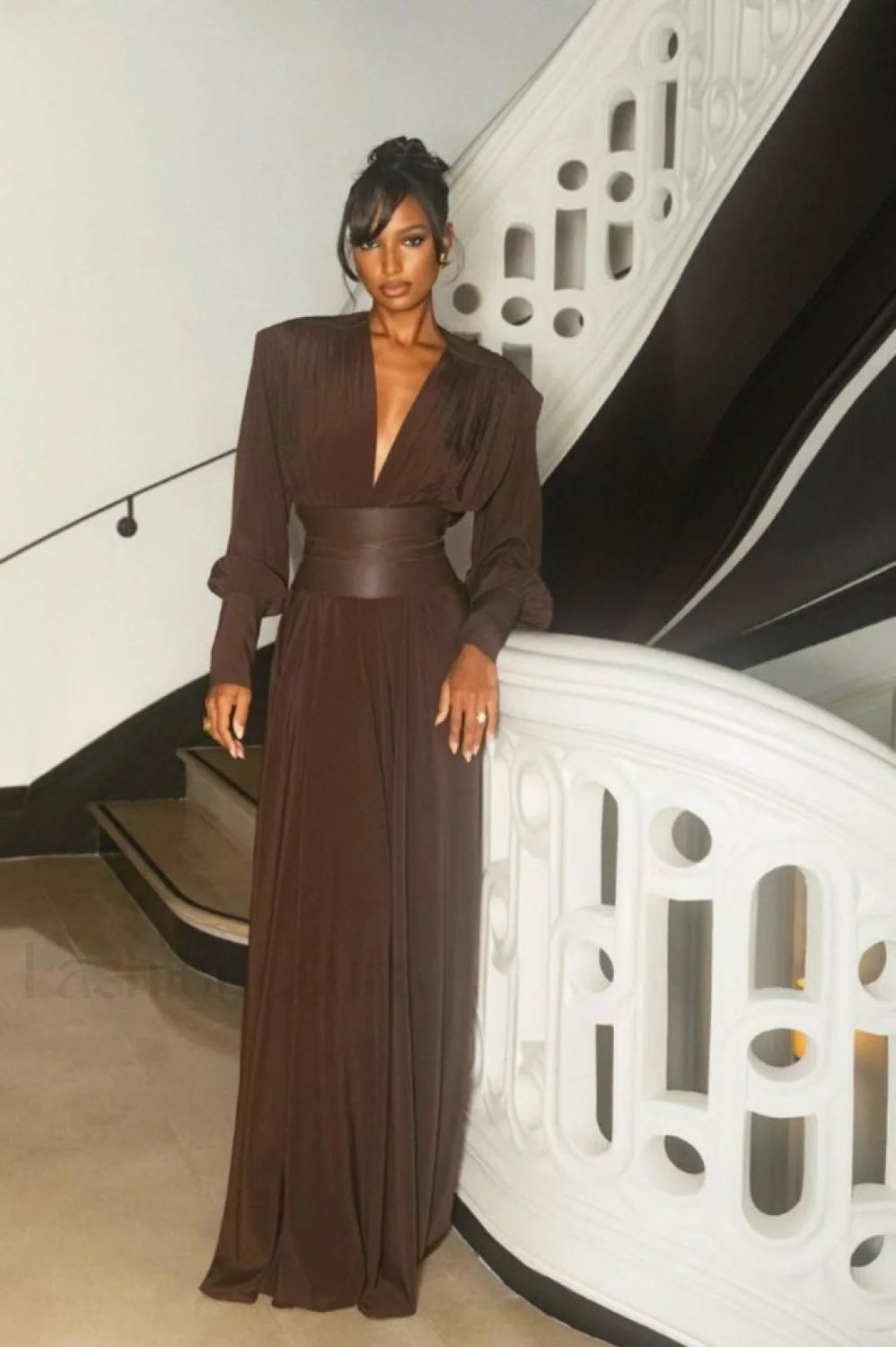 Rosey Tan Maxi Charming Dress With Waist Belt