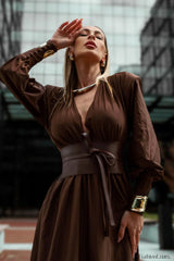 Rosey Tan Maxi Charming Dress With Waist Belt