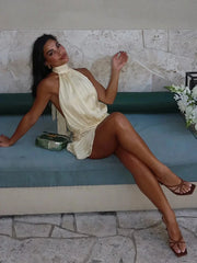 Round Neck Lace Up Mini Dress Beige / S