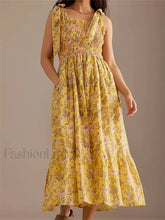 Ruffle Floral High Waist Maxi Dress yellow / S