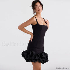 Ruffle Hem Square Neck Sleeveless Bodycon Party Mini Dress Black M / Black Party Dresses L