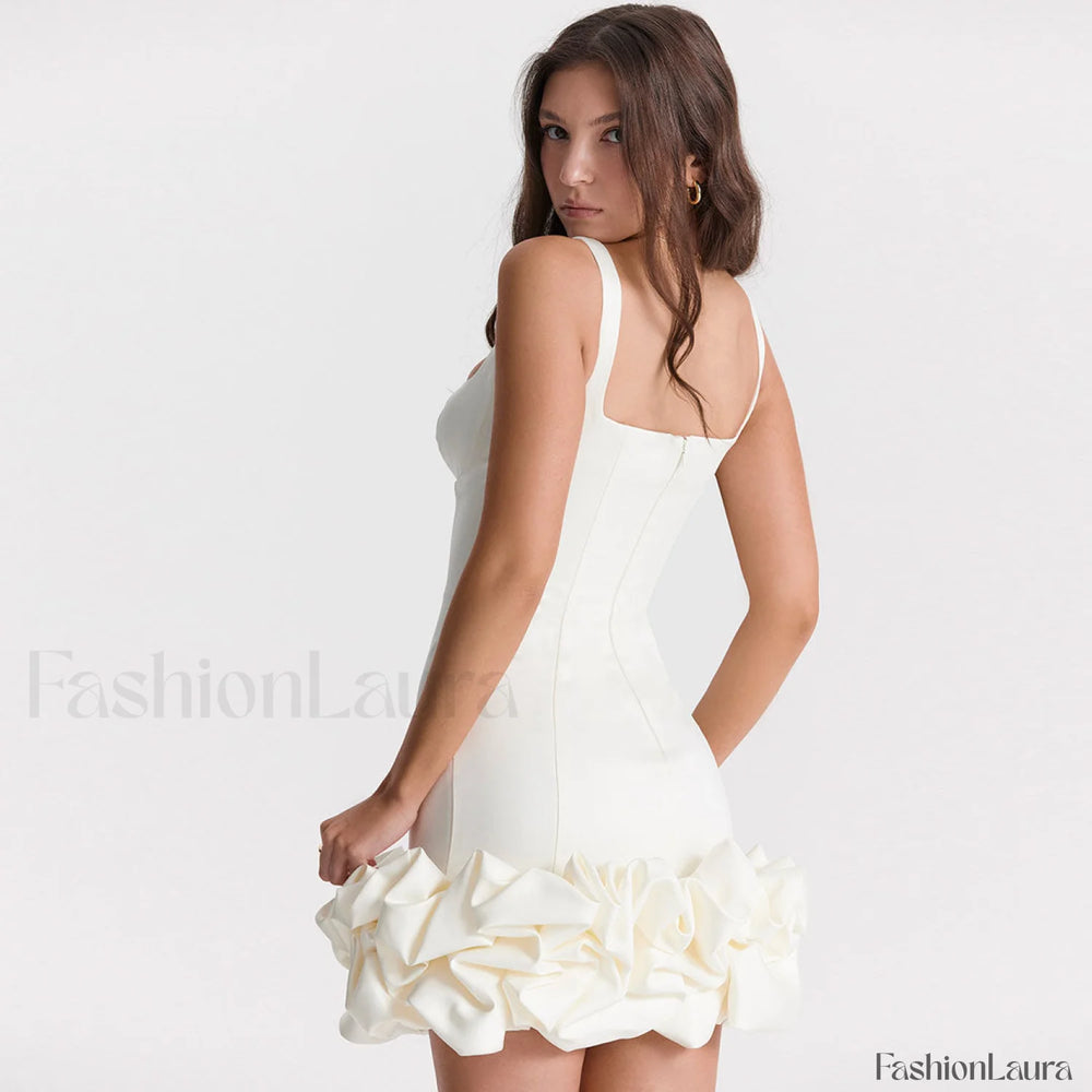 Ruffle Hem Square Neck Sleeveless Bodycon Party Mini Dress White L / White Party Dresses L