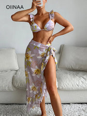 Ruffle Printed Split Three Piece Set Light Purple / S