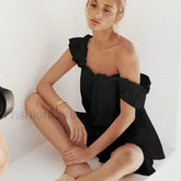 Ruffle Solid Shorts Lounge Set Black / S