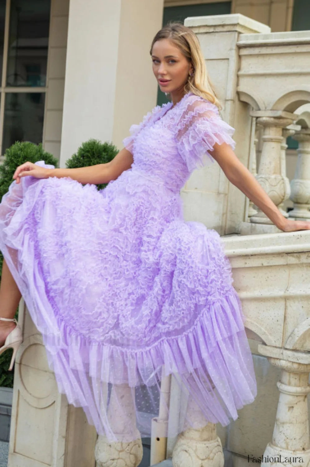 Ruffle Tiered Spotted Charming Tulle Maxi Dress
