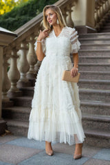 Ruffle Tiered Spotted Charming Tulle Maxi Dress