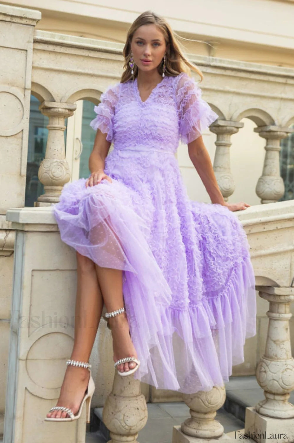 Ruffle Tiered Spotted Charming Tulle Maxi Dress