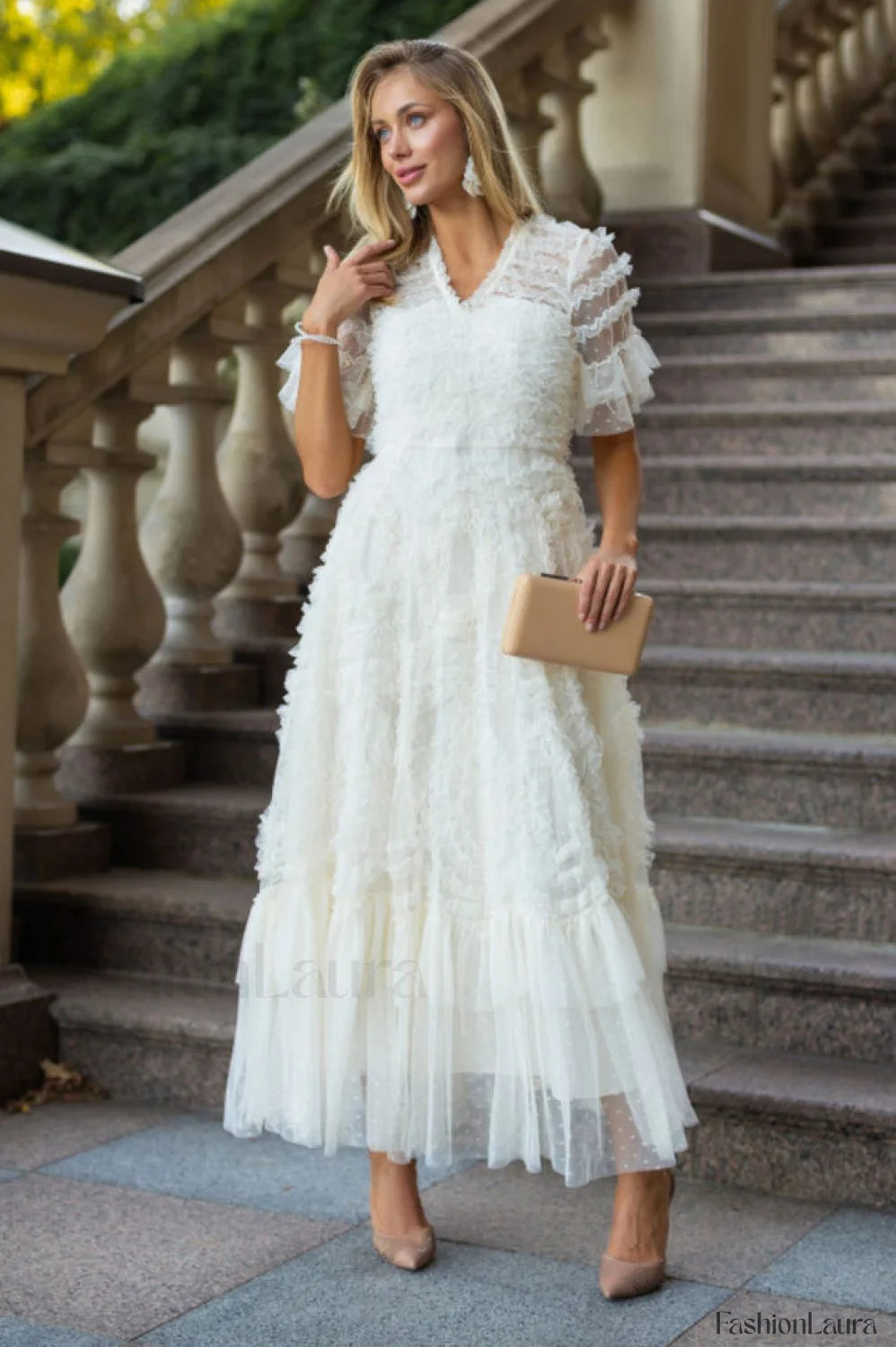 Ruffle Tiered Spotted Charming Tulle Maxi Dress
