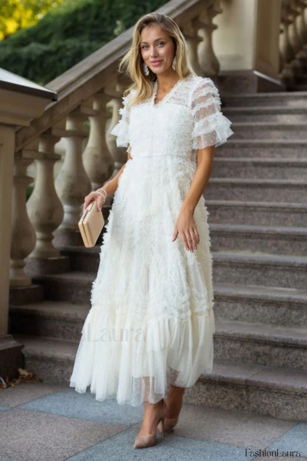 Ruffle Tiered Spotted Charming Tulle Maxi Dress