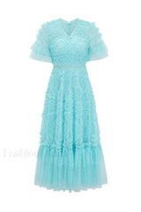 Ruffle Tiered Spotted Charming Tulle Maxi Dress S / Aqua